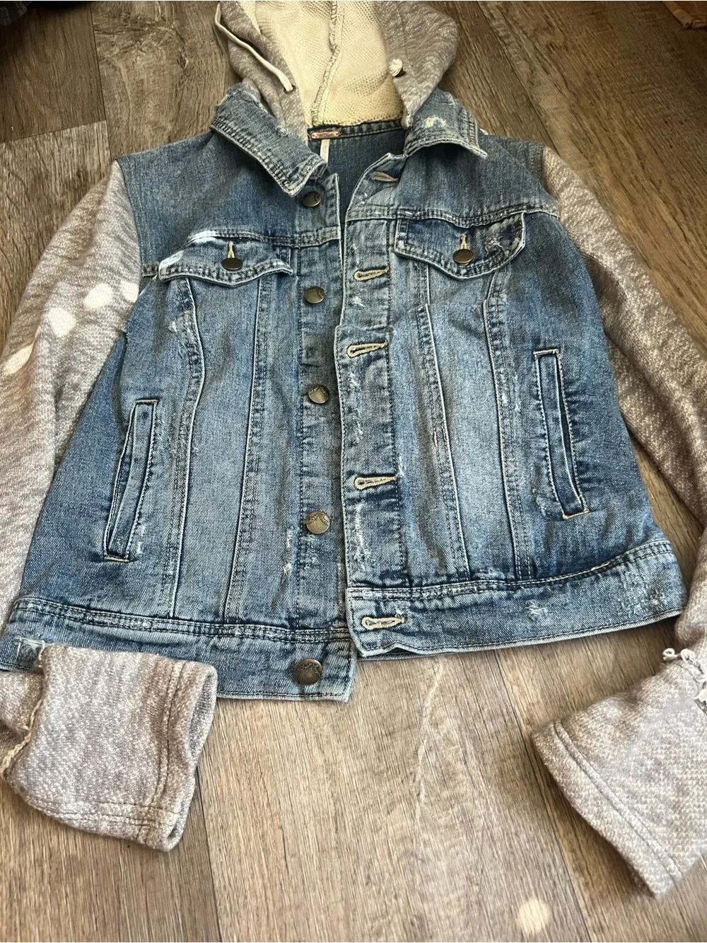 Free People | Distressed Knit Sleeve Denim Jacket S Grunge Hooded Streetwear - Picture 6 of 14